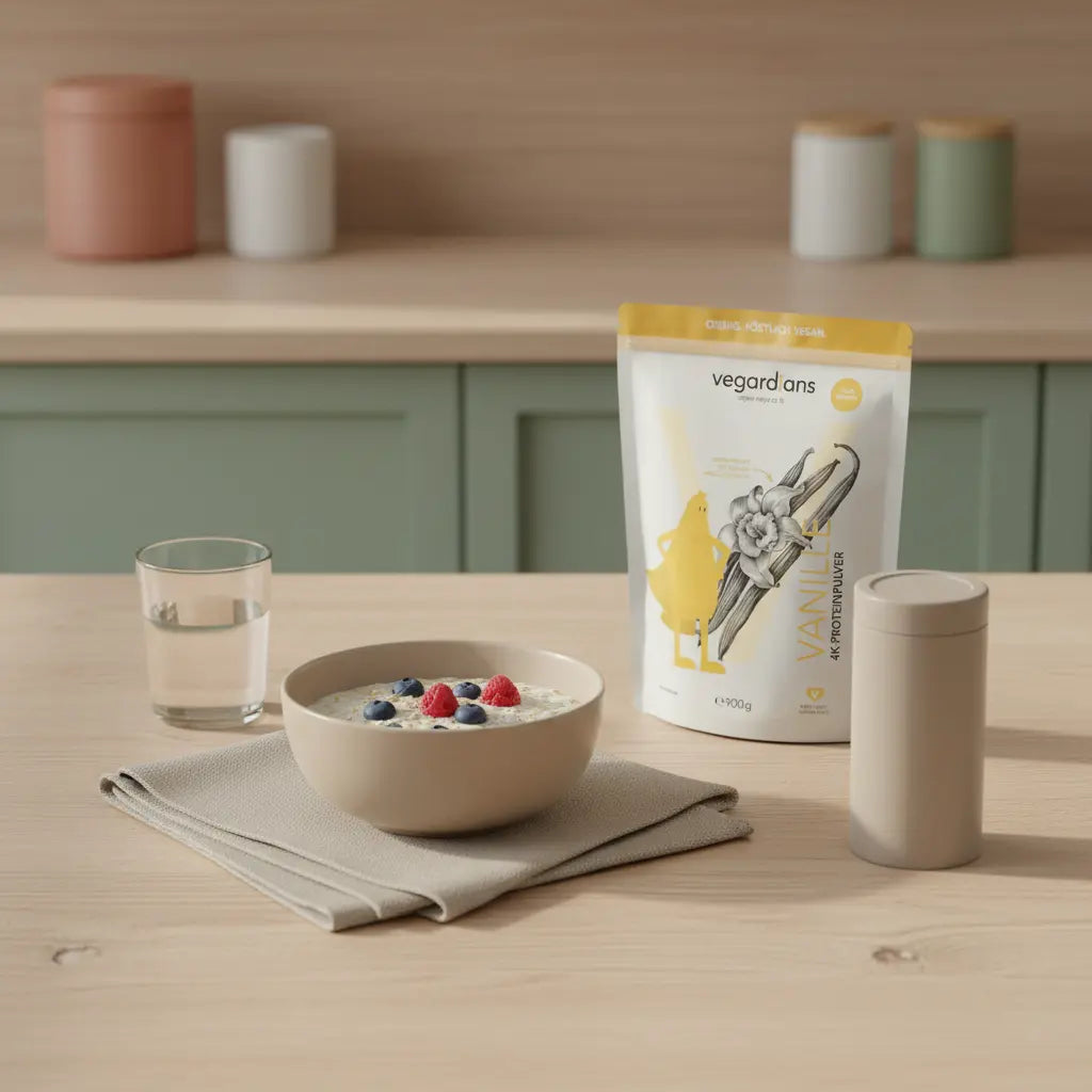 Minimalistisches Frühstück mit Haferflocken, Beeren, klarem Wasserglas und Vegardians-Produkt auf hellem Hintergrund in ruhiger Morgenstimmung, Fokus muskelaufbau