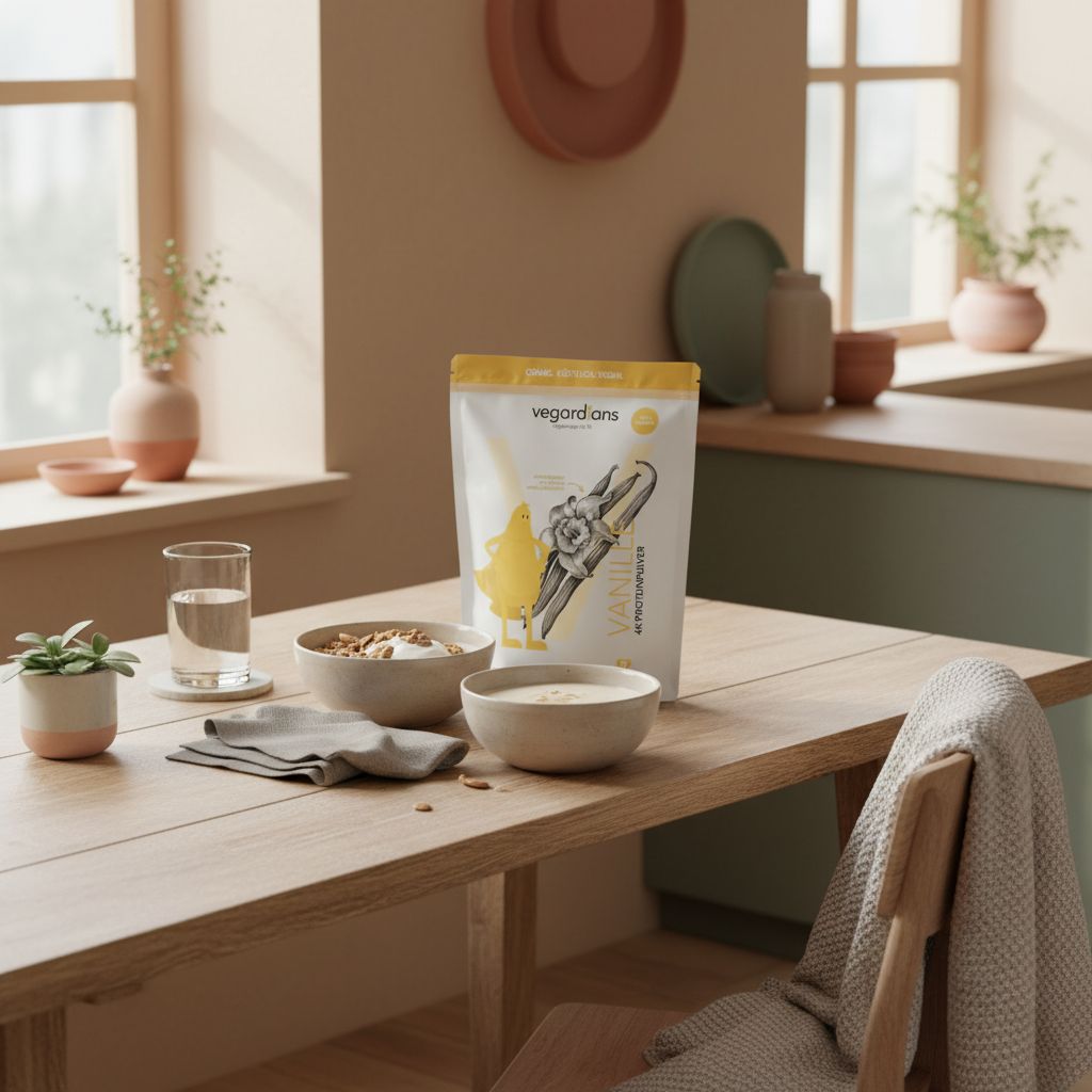 Minimalistisches veganes Frühstück mit Wasserglas, Müsli, Nüssen und Proteinshake in Keramik auf Holztisch im Morgenlicht, nährend für Muskelaufbau