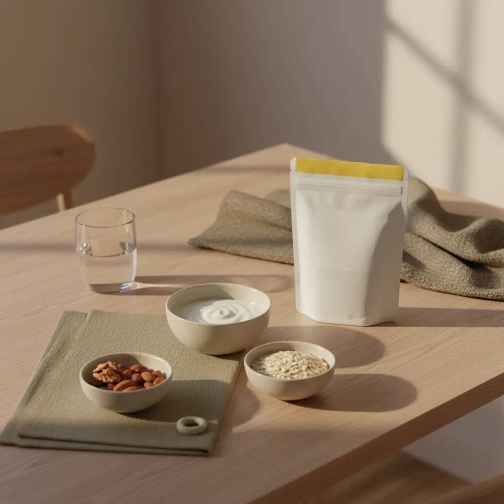 Minimalistisches Frühstück auf Holztisch mit Proteinshake, Joghurt-Alternative, Haferflocken und Nüssen – muskelaufbau im alter