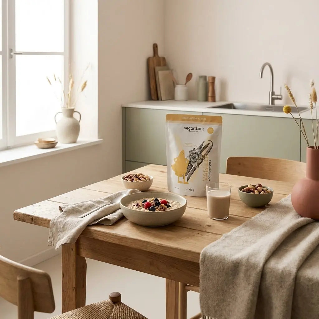 Minimalistische Küchenszene mit veganem Frühstück, Protein‑Shake und natürlichen Texturen auf nachhaltigem Holztisch im Morgenlicht – muskelaufbau jugendliche