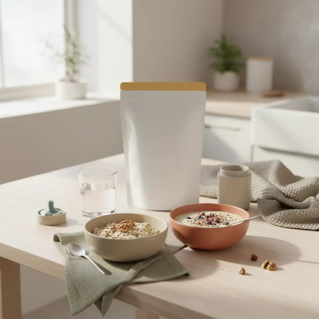 Minimalistische Morgenküche mit Hafer, Nüssen, Protein‑Schale, Glas Wasser und einer Dose mit Muskelaufbau Kapseln auf nachhaltigem Holztisch