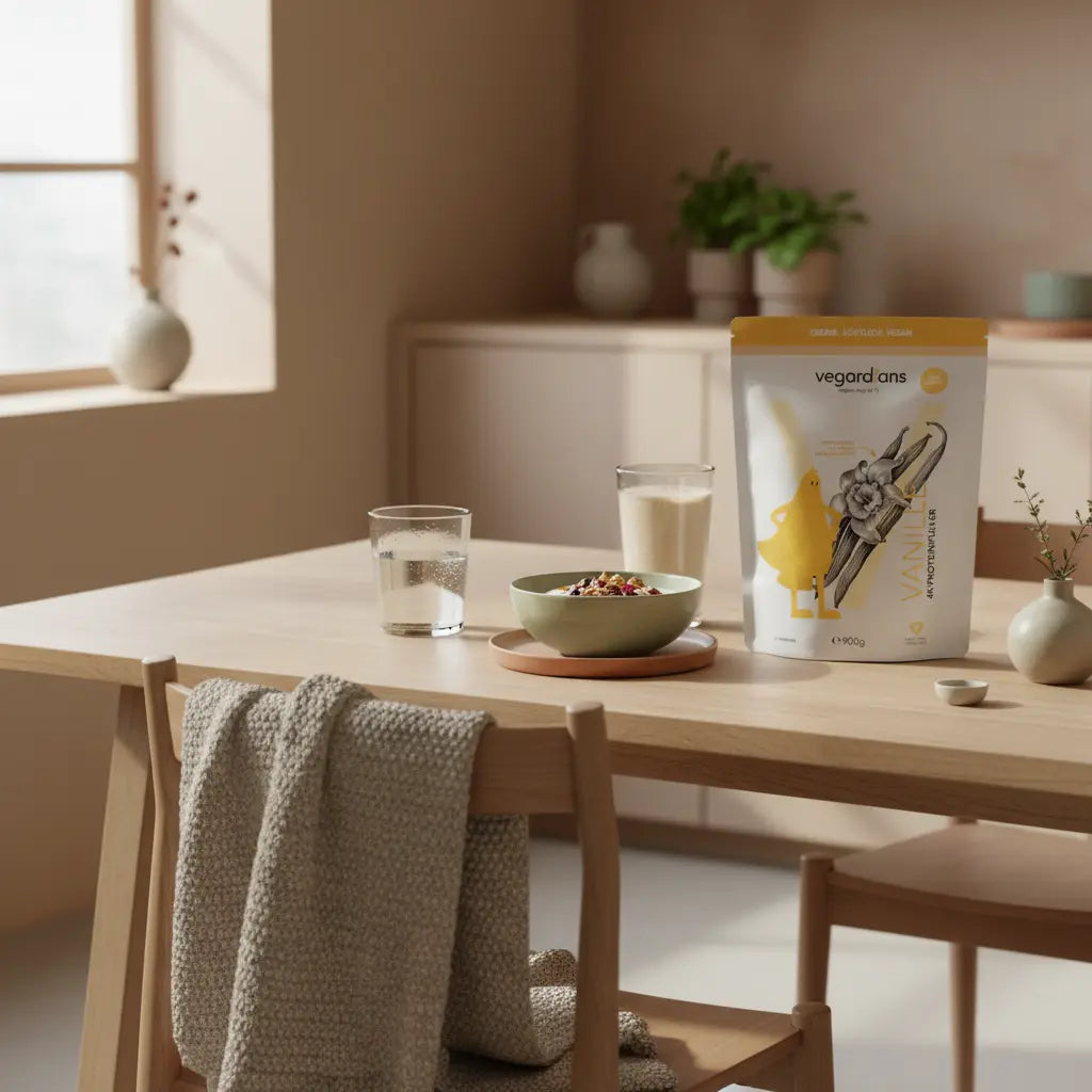 Minimalistische Morgenfrühstückszene mit nachhaltigem Tisch, Glas Wasser, Müsli, pflanzlichem Joghurt, Nüssen, Protein-Shake und Vegardians-Produkt für muskelaufbau mann.