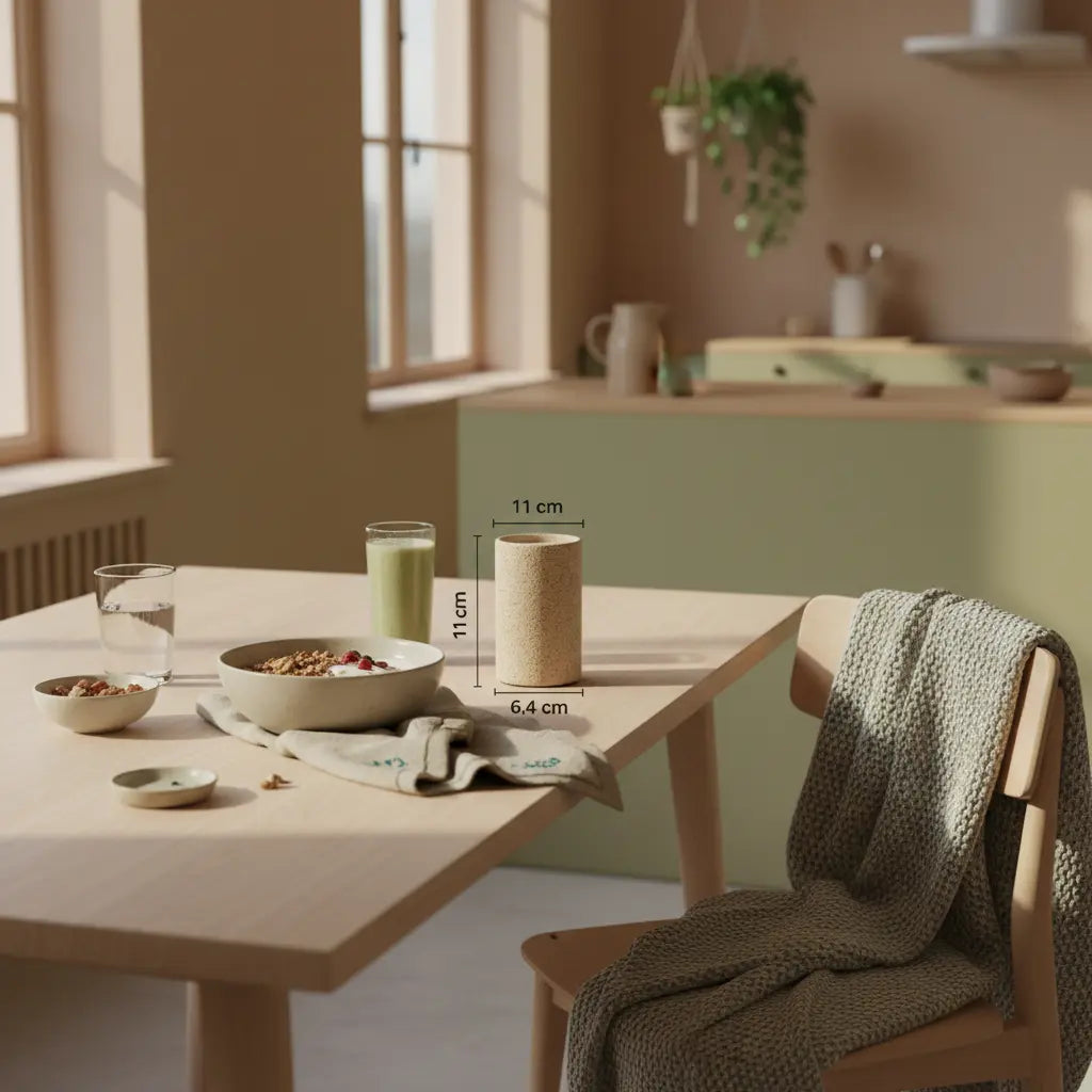 Veganes Frühstück mit Granola, Joghurt, Nüssen und Shake auf minimalistischem Tisch in Morgenlicht – Fokus Muskelaufbau ohne tierische Produkte.