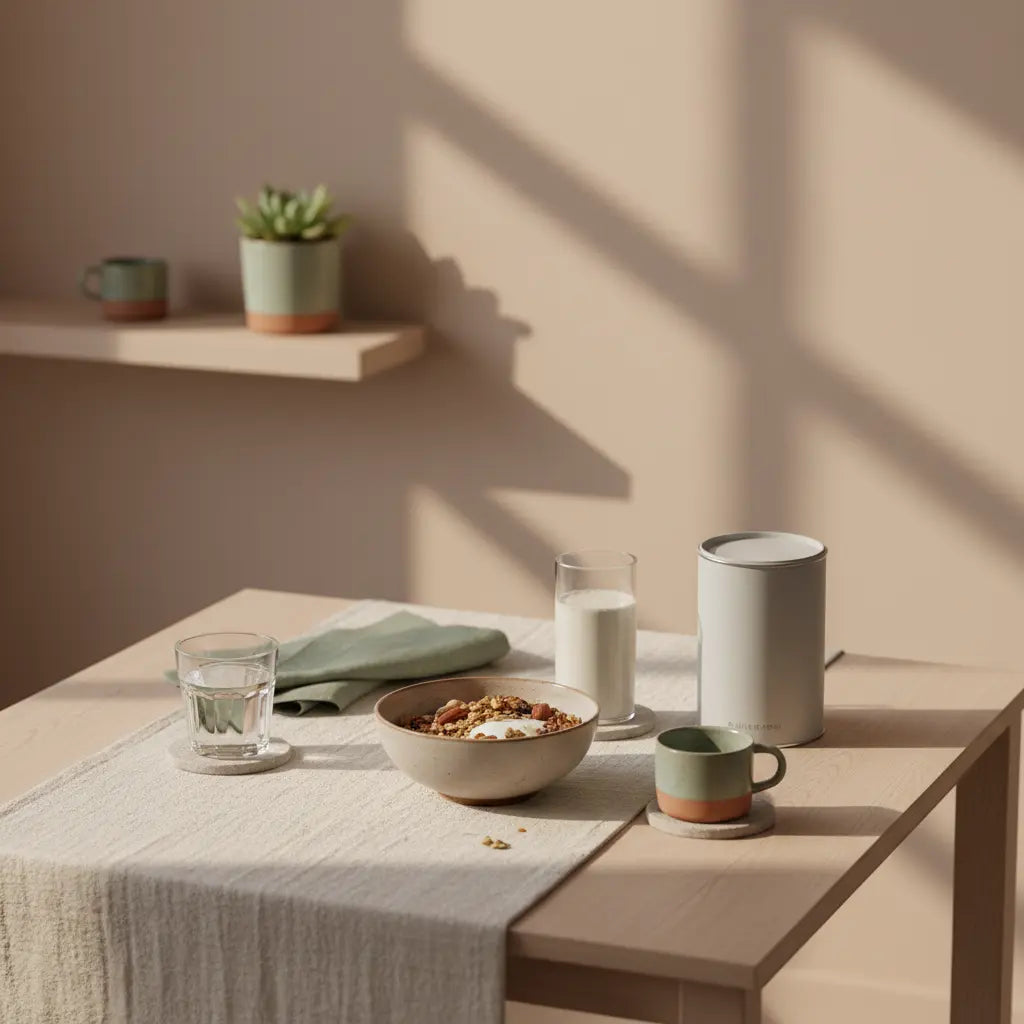 Minimalistisches veganes Frühstück mit Granola, Joghurt, Nüssen und Shake auf nachhaltigem Tisch in warmer Morgenlicht-Küchenszene — muskelaufbau trainingsplan