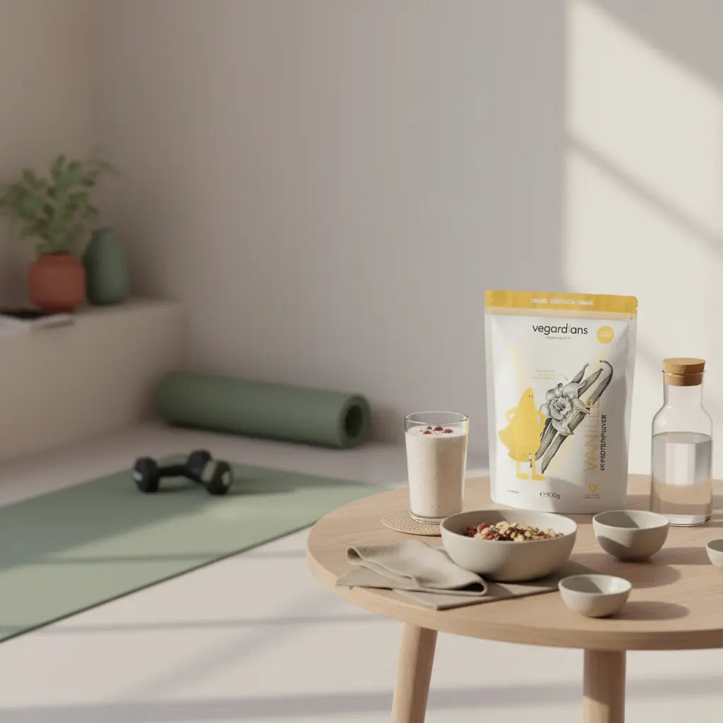 Helles Wohnzimmer mit Trainings‑Ecke und Frühstückstisch: Proteinsmoothie, Hafer mit Nüssen, Wasserflasche, Matte und Hanteln – Alltagstauglicher Muskelaufbau Trainingsplan