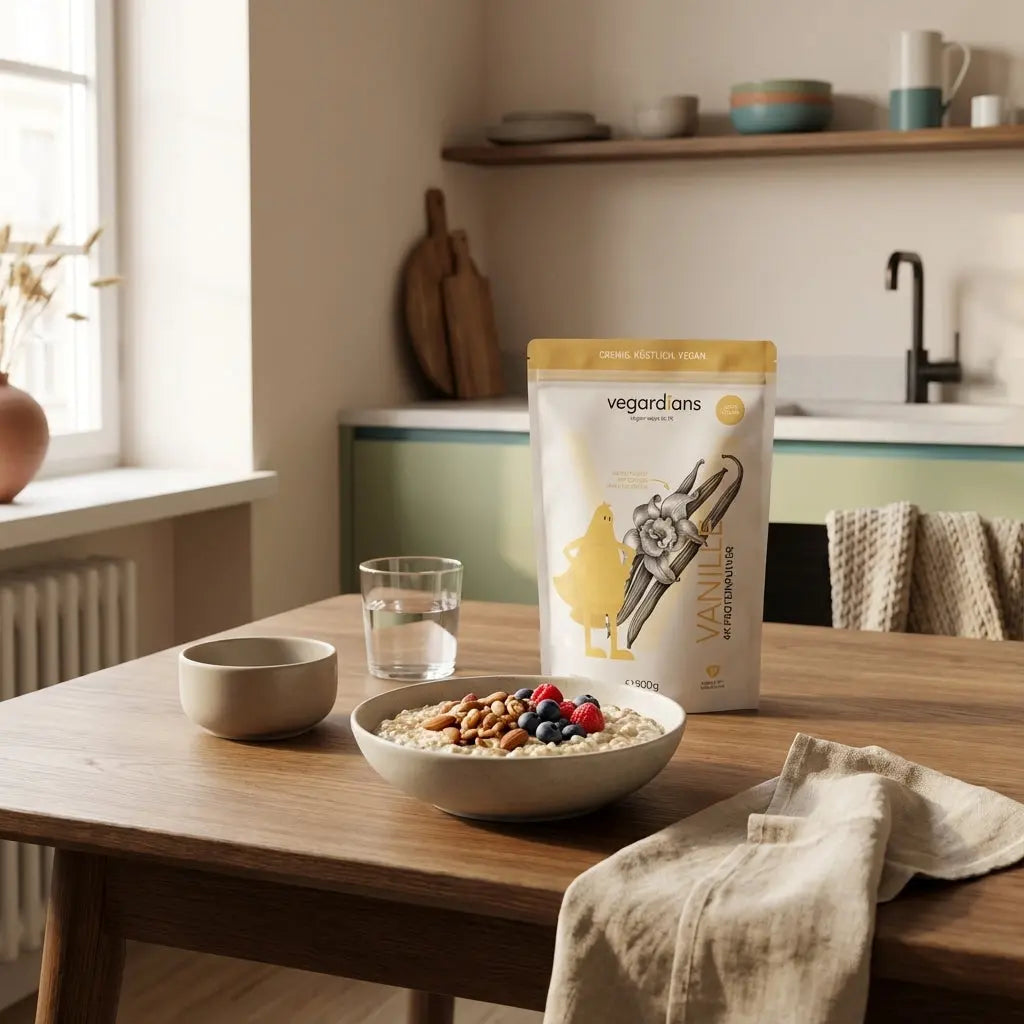 Minimalistische Morgen-Küchenszene mit veganem Proteinfrühstück auf Holztisch, Glas Wasser, Keramikschale und Leinenserviette – Muskelaufbau trotz Kaloriendefizit