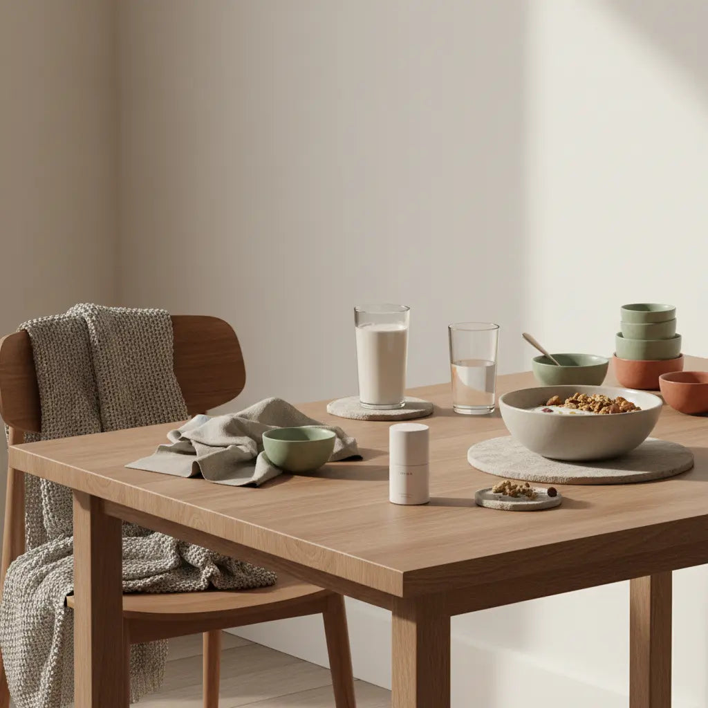 Minimalistisches Frühstück in europäischer Küche mit veganer Granola, Hafermilchshake, Keramikschalen und Naturtextilien – ruhige, nährende Szene für muskelaufbau über 50.