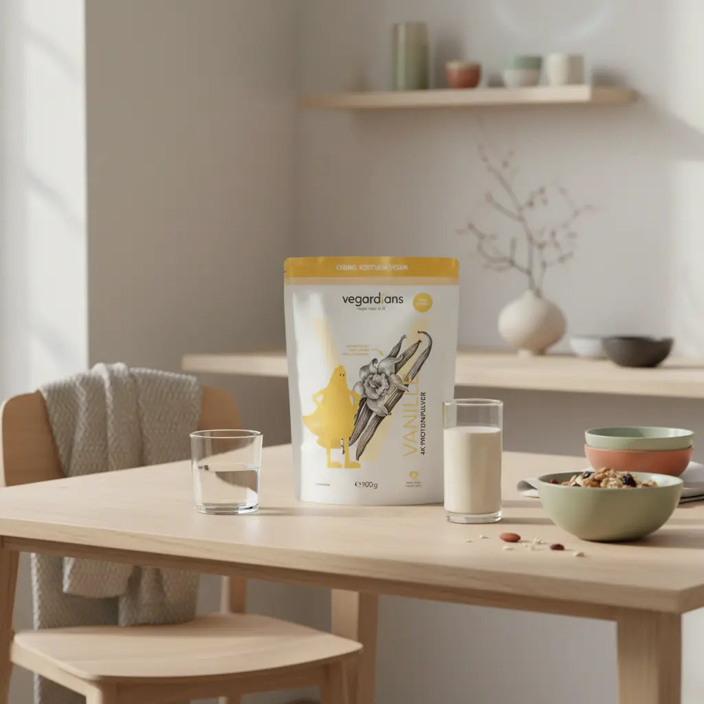 Minimalistische Kuchenszene mit nachhaltigeren Frühstücksgegenständen und pflanzlichem Proteinshake für muskelaufbau zuhause, sanftes Morgenlicht, Vegardians-Farbwelt