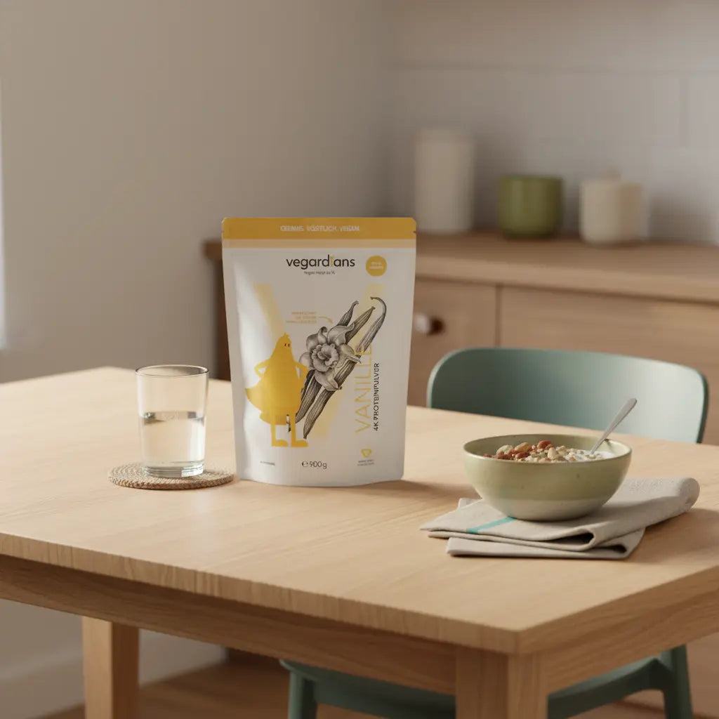 Ruhiges, minimalistisches Frühstück auf nachhaltigem Holztisch mit Glas Wasser, Schale Müsli und dem Produkt aus den Referenzfotos – ideal für muskelaufbau zuhause.