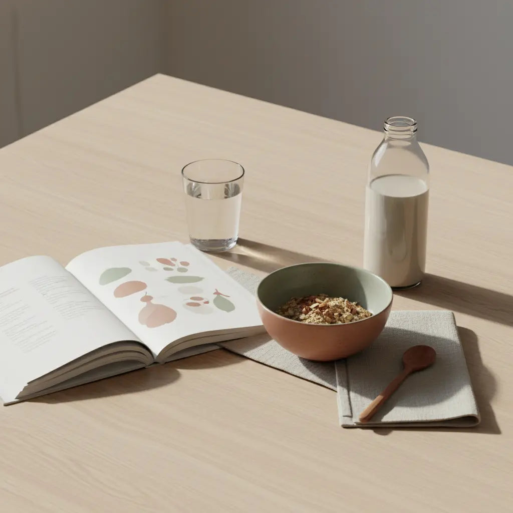 Minimalistisches Küchen-Stillleben mit Holztisch, Glas Wasser, offenem Rezeptbuch, Haferflocken mit Nüssen und unbeschrifteter Protein-Glasflasche – Muskelaufbau zuhause.