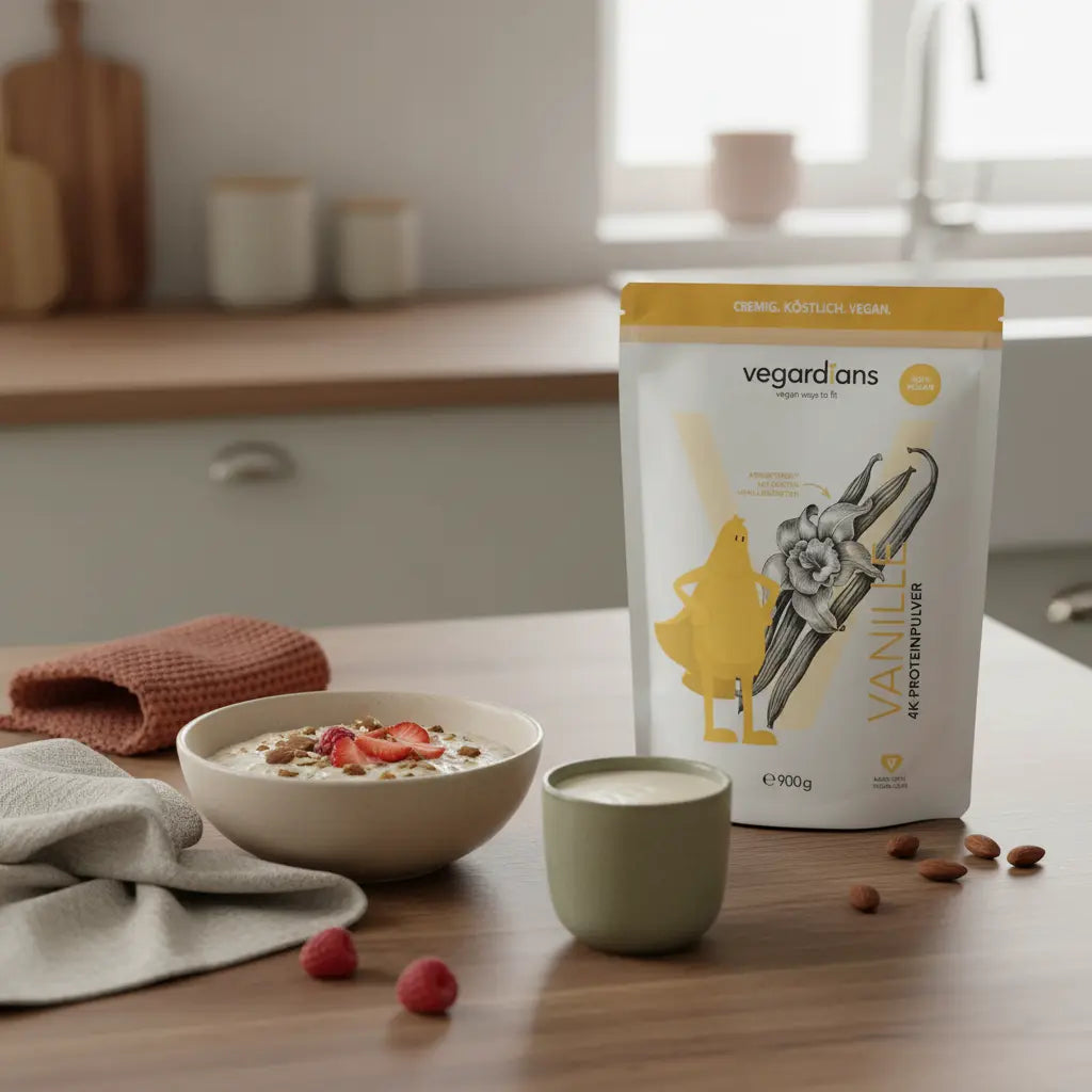 Veganer proteinreicher Frühstückstisch mit Haferbrei, Nüssen, frischem Obst und Vegardians‑Produkt auf Holztisch in Morgenlicht, bewusst nährend; Muskelkraft wiederaufbauen