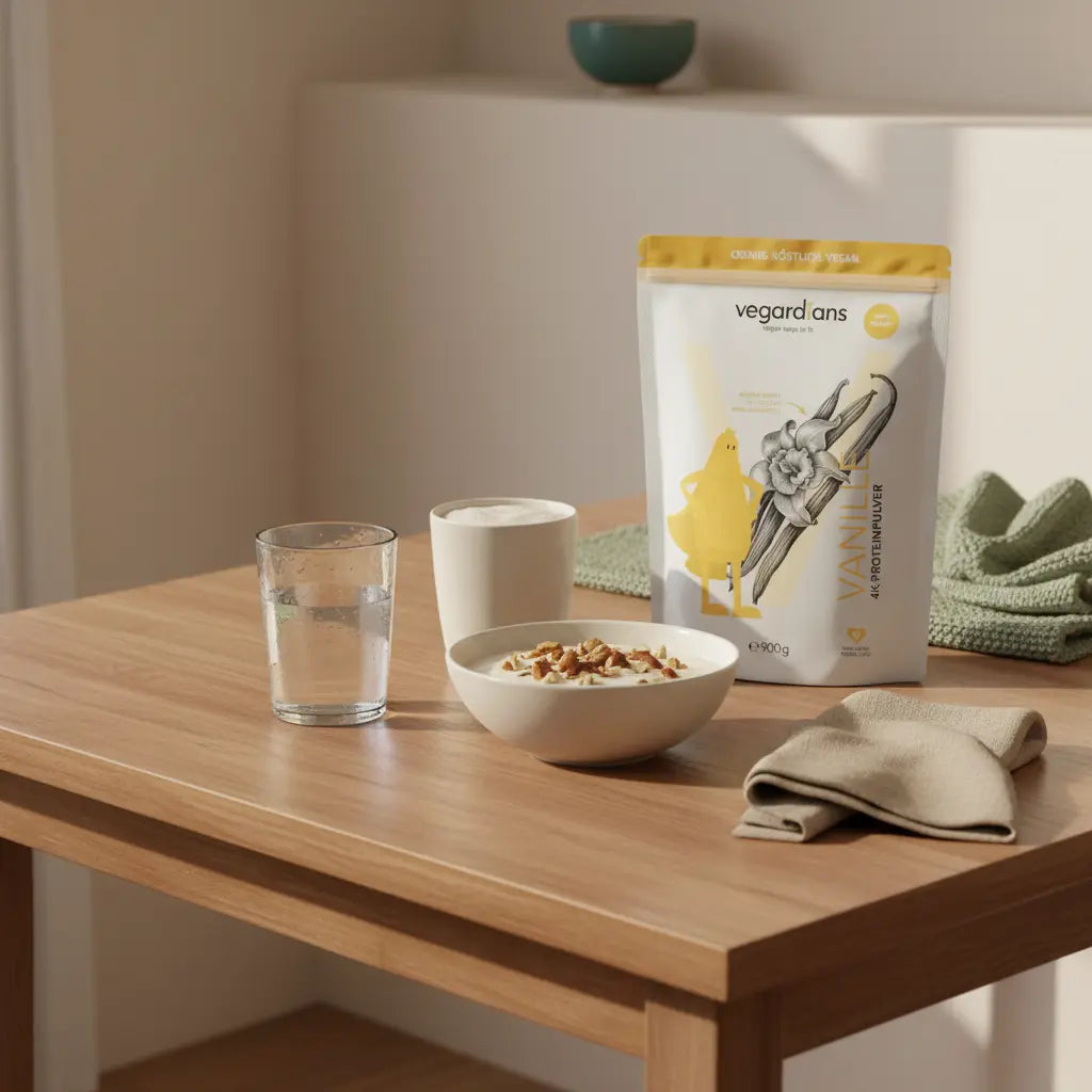 Minimalistische Morgenküche mit Holztisch, Glas Wasser, Hafer‑Joghurt, Proteinshake und Vegardians-Produkt – ruhige Stimmung zum muskeln aufbauen zuhause ohne geräte