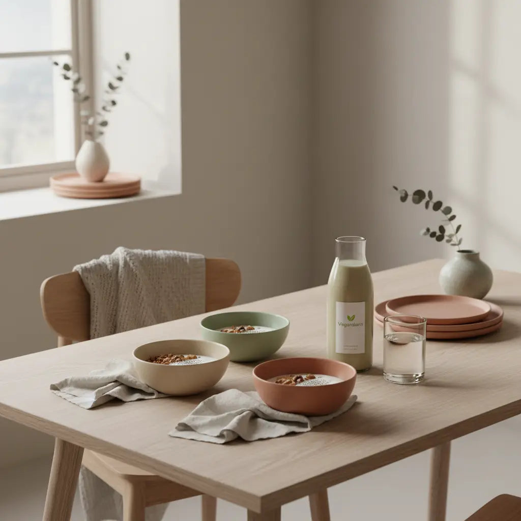 Minimalistisches Frühstück mit Granola, Joghurt, Nüssen und Proteinshake in einer europäischen Küche – erdig, ruhig und nährend, ideal um muskelwachstum anregen.