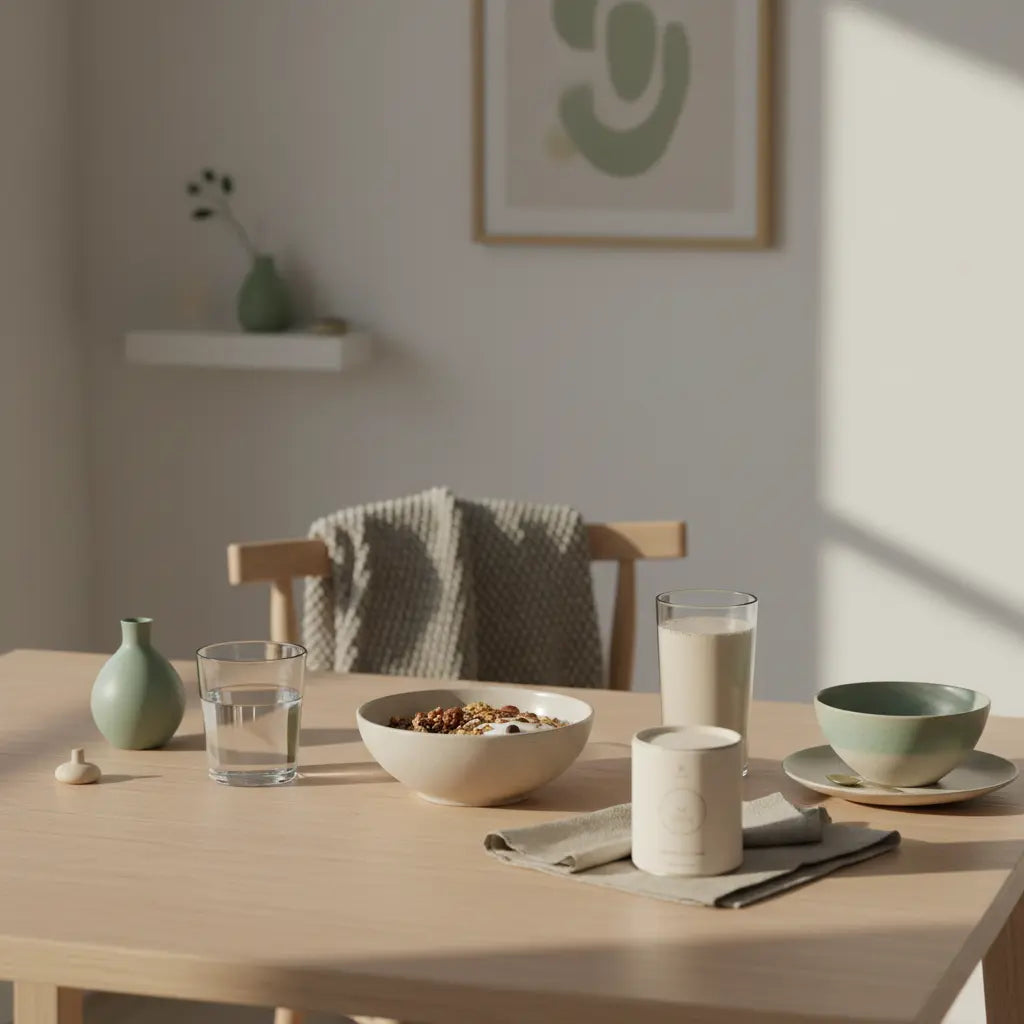 Minimalistischer Frühstückstisch mit Granola, pflanzlichem Joghurt, Nüssen und Shake in sanfter Morgenbeleuchtung in einer europäischen Küche — Nachteile Vollwerternährung