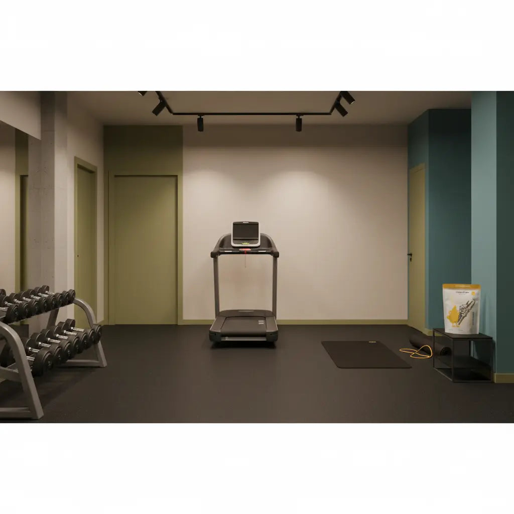 Leeres, ruhiges Fitnessstudio bei Nacht mit geordnetem Hantel-Rack, beleuchtetem Laufband und leerem Trainingsbereich — ideal für nachts ins fitnessstudio