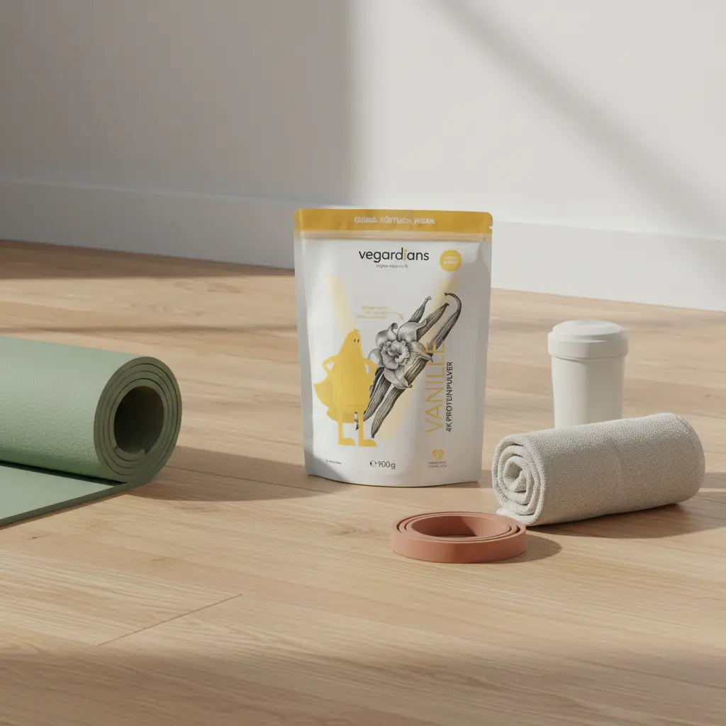 Minimalistische Heimtrainingsszene mit Yogamatte, Widerstandsband, Handtuch und Shake‑Becher auf Holzboden in sanftem Morgenlicht – nackentraining zuhause.