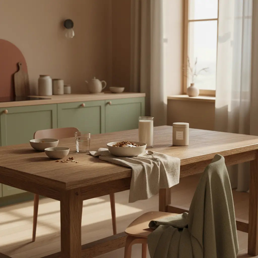 Minimalistisches Frühstück in europäischer Küche: Granola, pflanzlicher Joghurt, Nüsse und Shake auf nachhaltigem Holztisch bei sanftem Morgenlicht. Nährstoffmangel vegan.