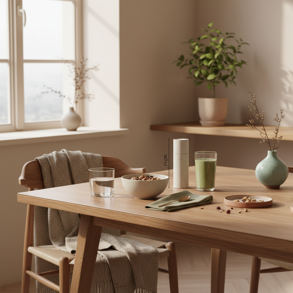 Minimalistisches veganes Frühstück mit Granola, Joghurt, Nüssen und Shake in einer europäischen Küche, Fokus natürliche ernährung