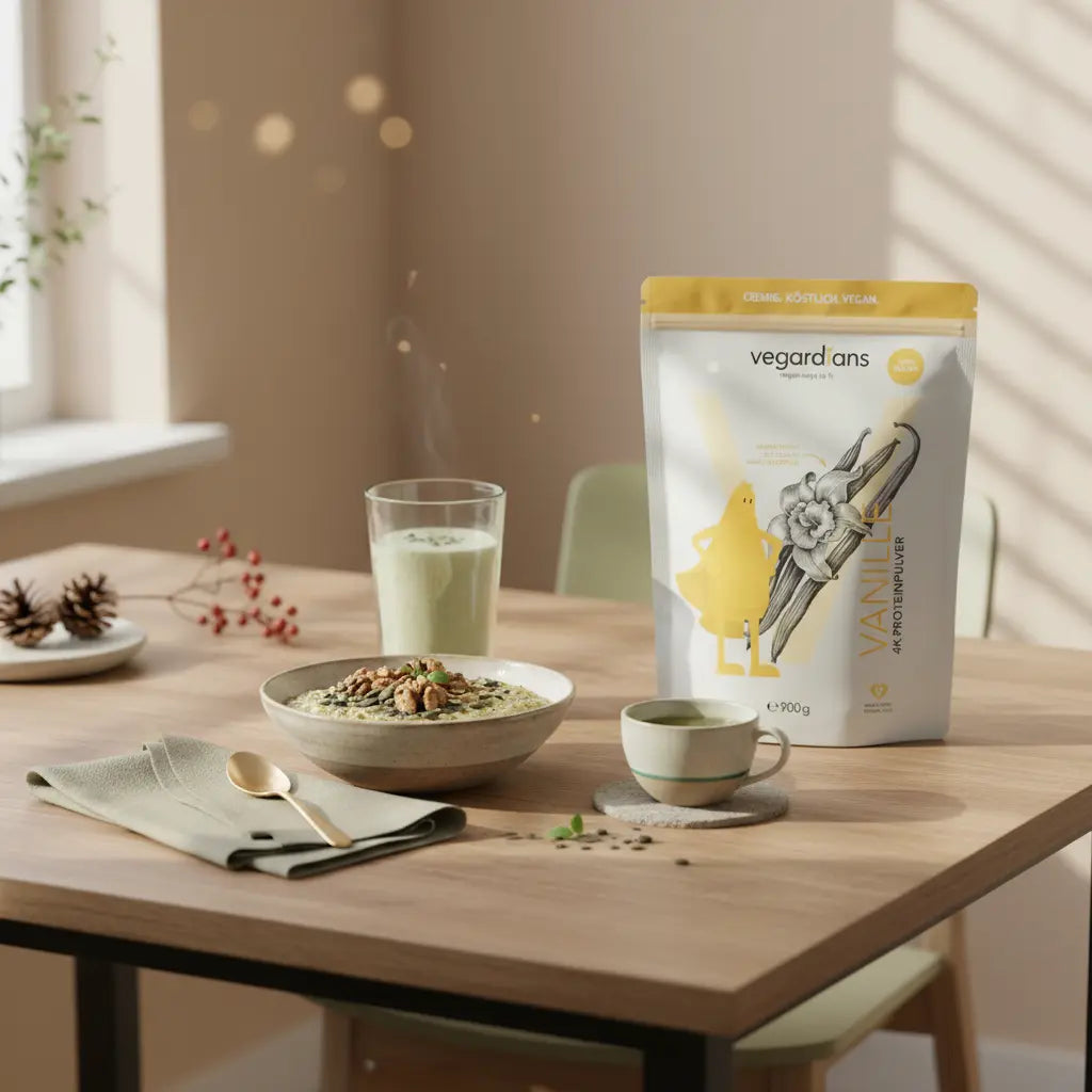 Minimalistische Frühstücksszene mit veganem Protein‑Porridge, Nüssen, Shake und grünem Tee auf nachhaltigem Holztisch – natürliche Fatburner im Morgenlicht.