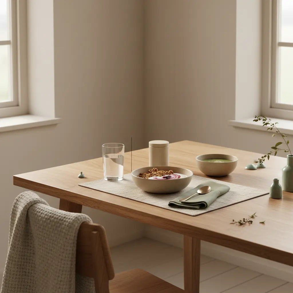 Minimalistischer Frühstückstisch mit Granola, pflanzlichem Joghurt, Nüssen und Shake neben dem Produkt aus Referenzfotos — natürliches krebsheilmittel in warmer Morgenatmosphäre.