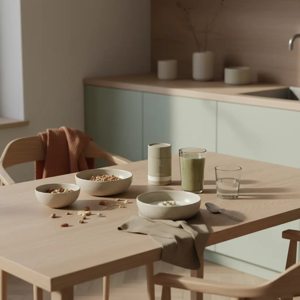 Minimalistisches Morgenfrühstück für Neujahrsrituale: nachhaltiger Tisch mit Granola, pflanzlichem Joghurt, Nüssen, Shake und dem Produkt aus den Referenzfotos in warmen erdigen Farben