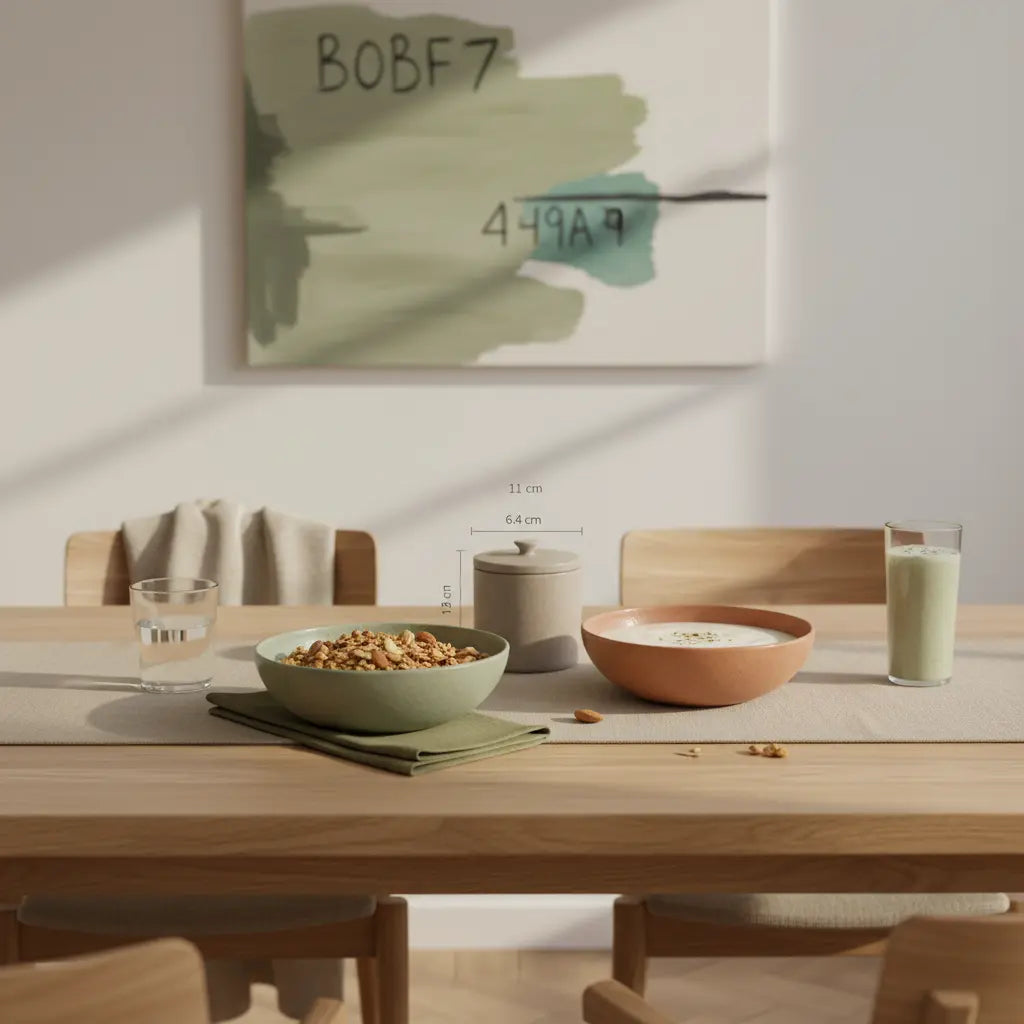 Minimalistisches Frühstück mit Granola, pflanzlichem Joghurt, Nüssen und Shake auf nachhaltigem Tisch im Morgenlicht — Neujahrsvorsätze erfolgreich umsetzen