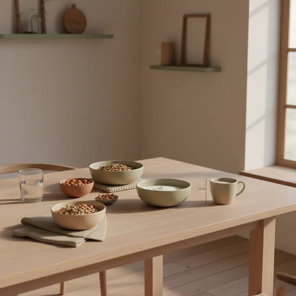 Neujahrsvorsätze formulieren: Minimalistisches, nachhaltiges Frühstück mit Granola, Joghurt, Nüssen und Shake auf einem Tisch im weichen Morgenlicht, salbei- und beigetöne.