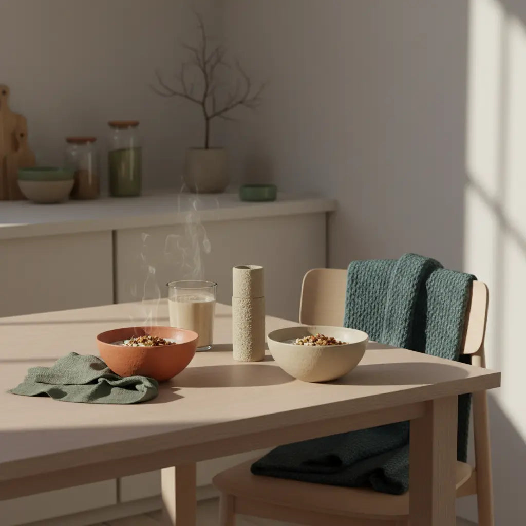 Minimalistisches Frühstück mit Granola, pflanzlichem Joghurt, Nüssen und Shake auf aufgeräumtem Tisch in Vegardians-Farben – neujahrsvorsätze, bewusstes nährendes Morgenritual.