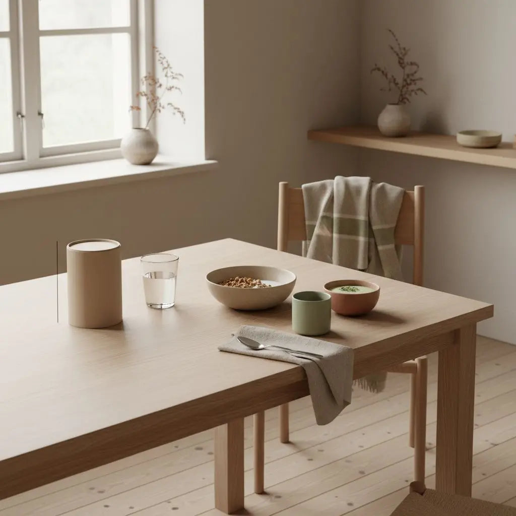 neujahrswünsche: minimalistisches veganes Frühstück mit Granola, Joghurt, Nüssen und Shake auf hellem Küchentisch in Beige, Salbei und Terrakotta