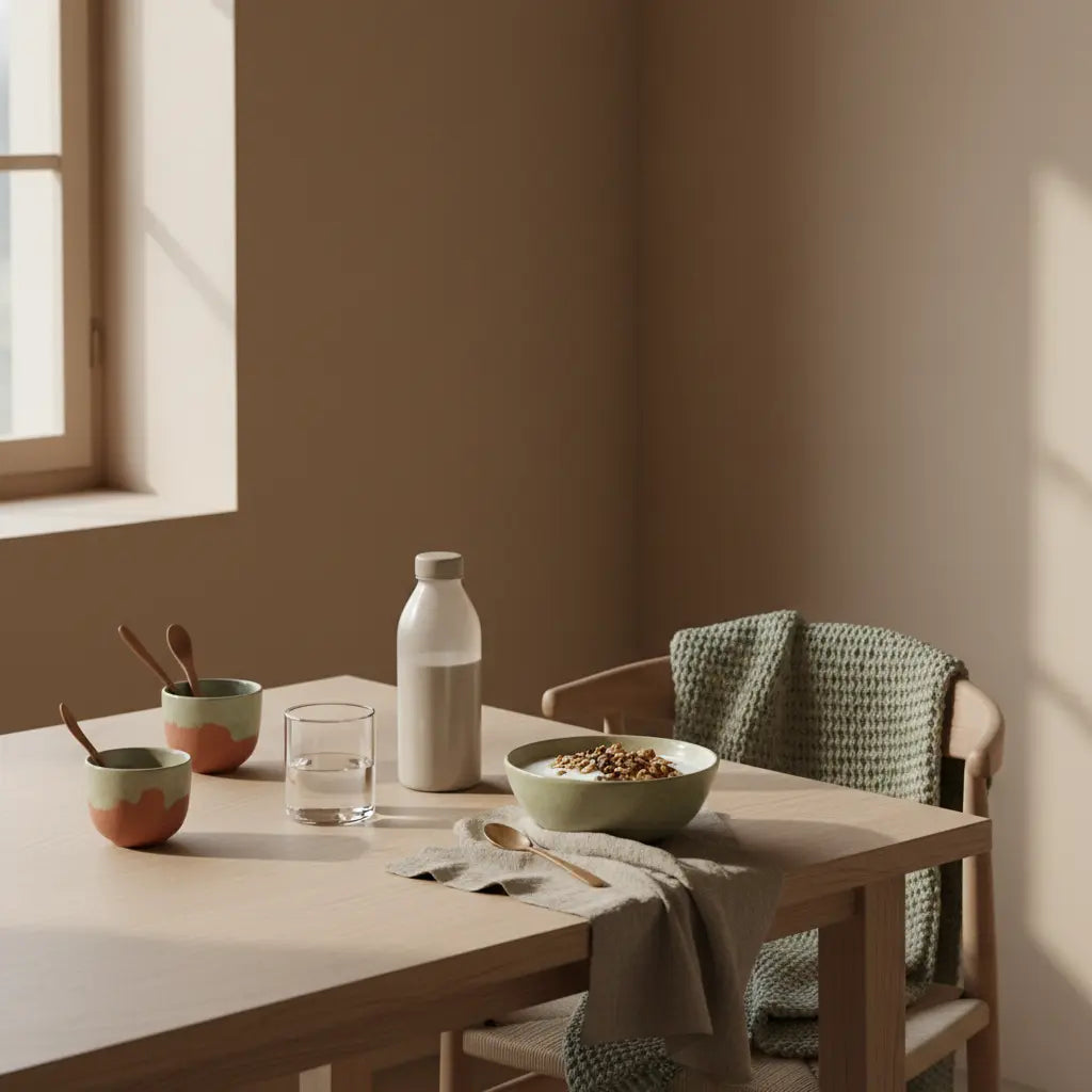 Neujahrswünsche Gesundheit: Minimalistisches Morgenfrühstück mit veganer Granola-Schale, Wasserglas, Shake und Wolltexturen in Vegardians-Farbwelt.