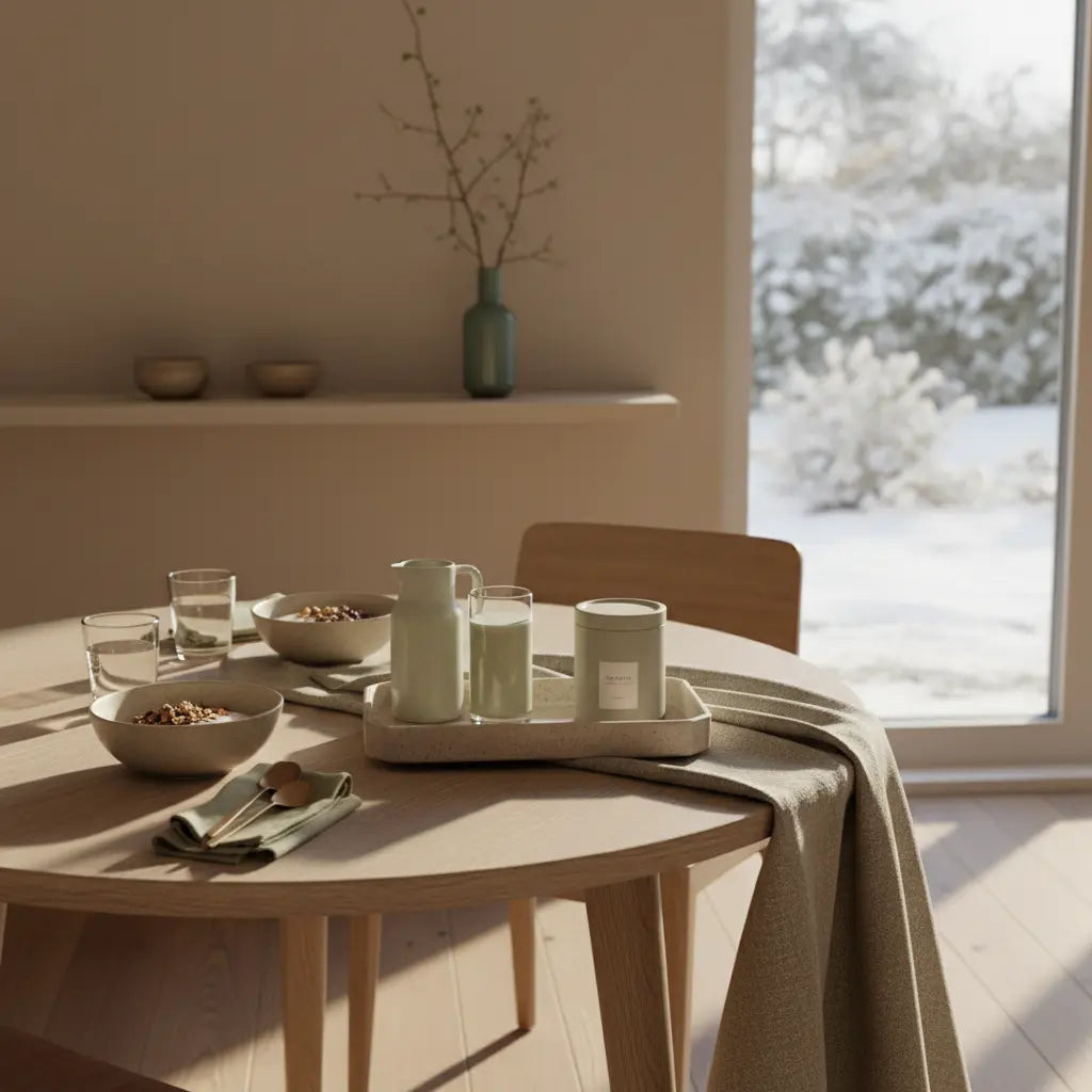 Minimalistisches veganes Frühstück mit Granola, Pflanzensjoghurt, Nüssen und Shake auf nachhaltigem Tisch in heller Winterküche – Neujahrswünsche