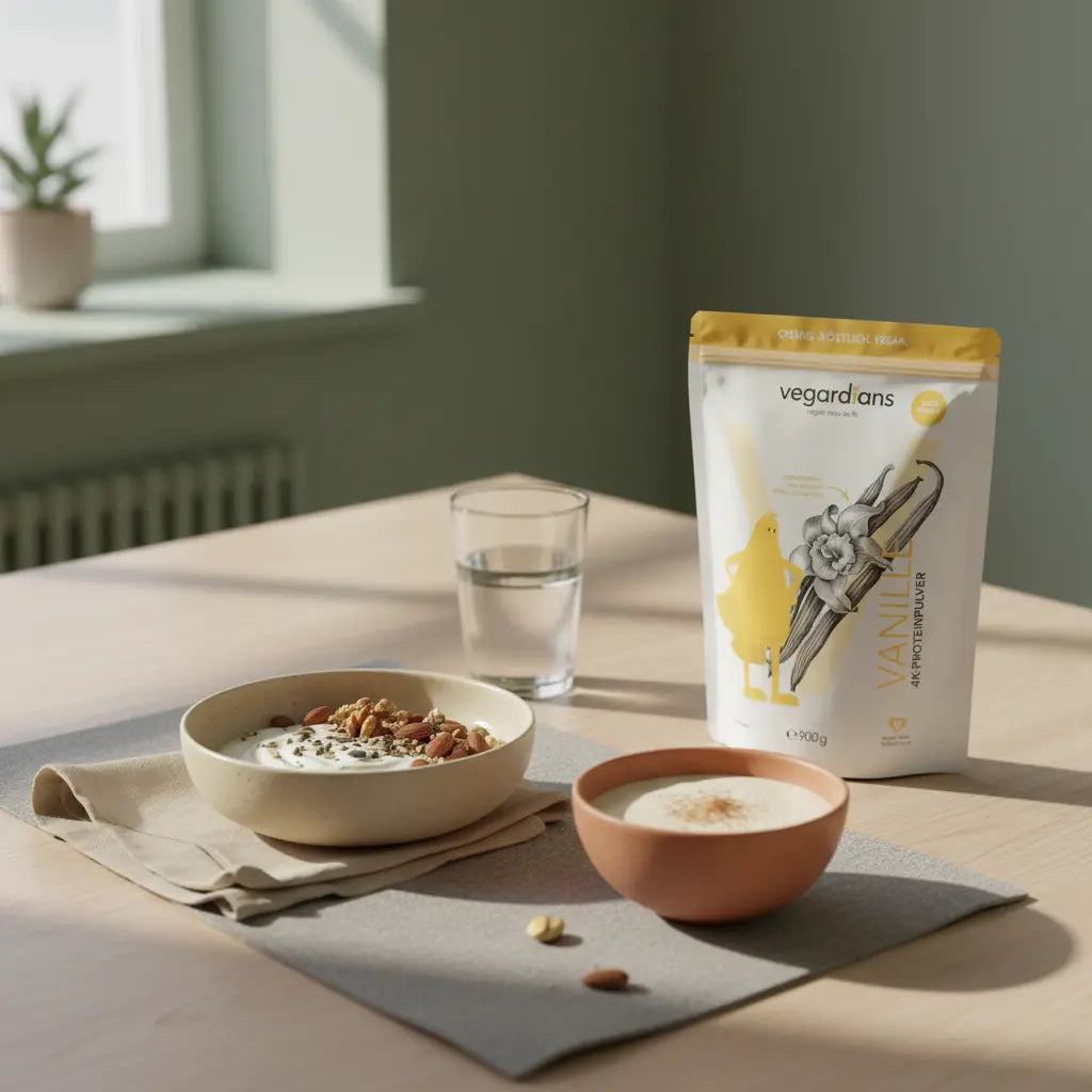 Nicht aufhören können zu essen: ruhiges veganes Frühstück auf nachhaltigem Holztisch mit Müsli, pflanzlichem Joghurt, Nüssen und Shake in Beige, Salbei und Terrakotta.