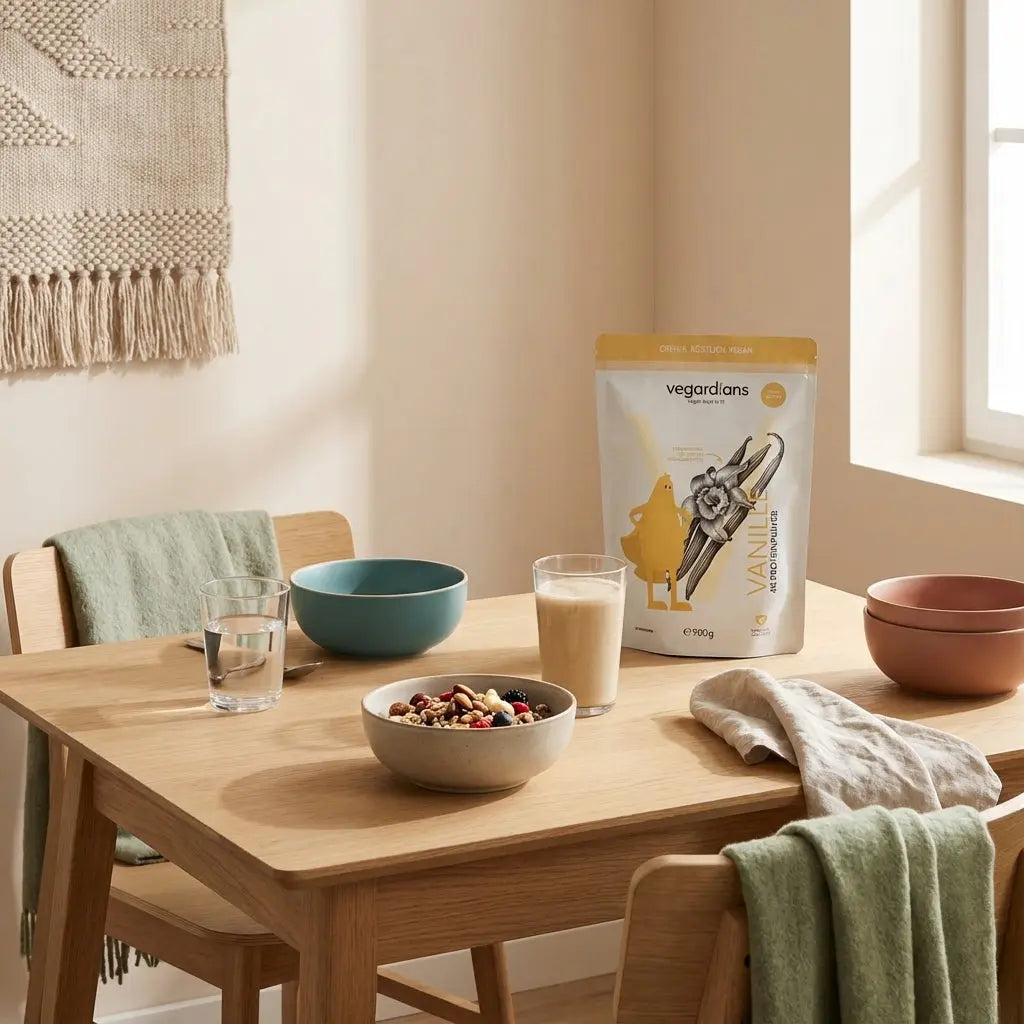 Minimalistische Morgenaufnahme einer europäischen Küche mit Müsli, Glas Wasser und Vegardians-Produkt auf Holztisch, ruhige Stimmung, oberkörper training häufigkeit