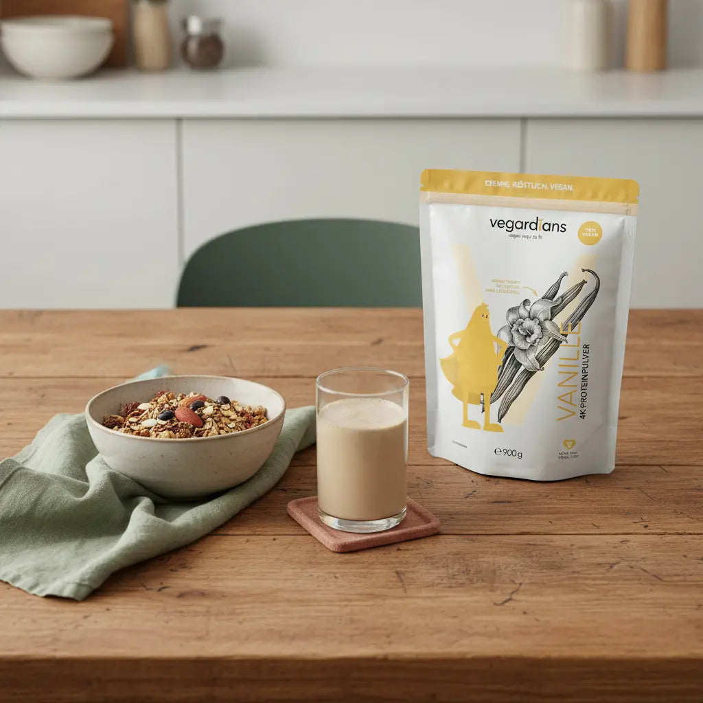 Minimalistische Morgenküche mit veganer Protein‑Schale und Shake auf nachhaltigem Holztisch, Leinen und Keramik, Hintergrund #F7EDE6 – Oberschenkelumfang reduzieren