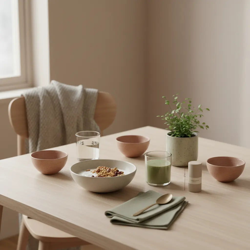 Minimalistisches Frühstück mit Granola, Joghurt, Nüssen, pflanzlichem Shake, Wasserglas und Keramikschalen auf nachhaltigem Küchentisch im weichen Morgenlicht — obst gegen eisenmangel