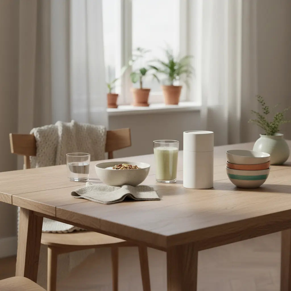 Vegardians Frühstückstisch mit Granola, Joghurt, Nüssen, Shake und dem Produkt aus Referenzfotos — Szene zur omega-3 einnahmezeit im warmen Morgenlicht, minimalistisches Full-Frame-Bild