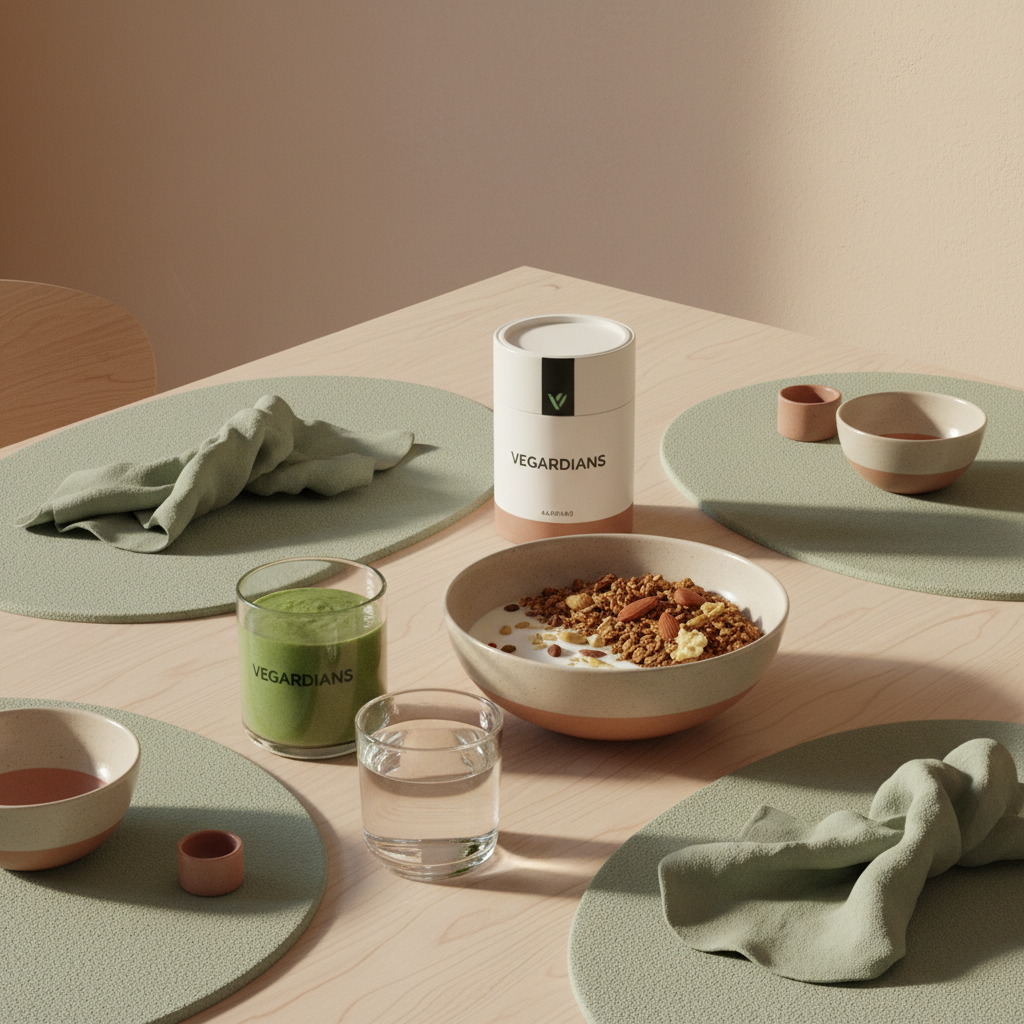 Minimalistisches Morgenfrühstück mit Granola, pflanzlichem Joghurt, Nüssen und Shake auf nachhaltigem Holztisch in Vegardians-Farbwelt, omega-3.