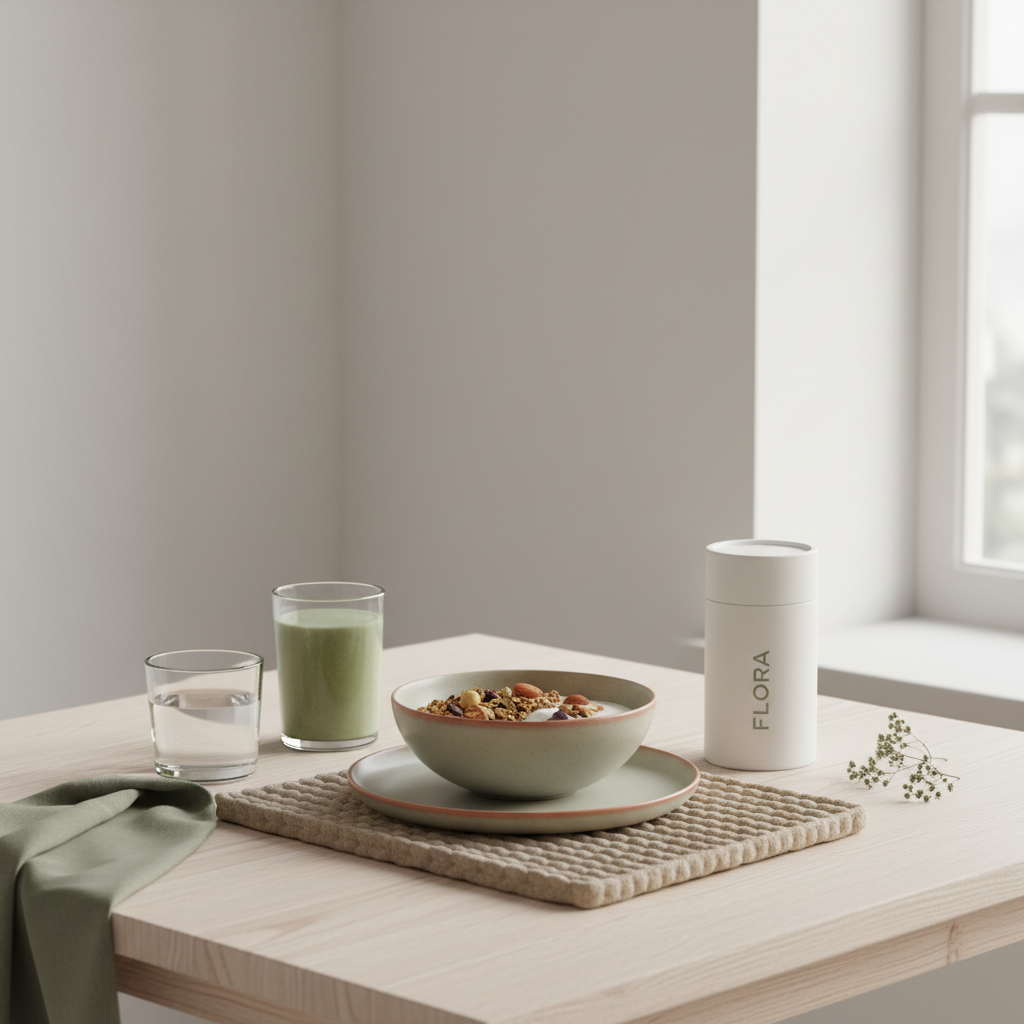 Minimalistisches Frühstück mit Granola, pflanzlichem Joghurt, Nüssen, einem Shake und Vegardians-Produkt auf nachhaltigem Tisch, betont omega-3 immunsystem.