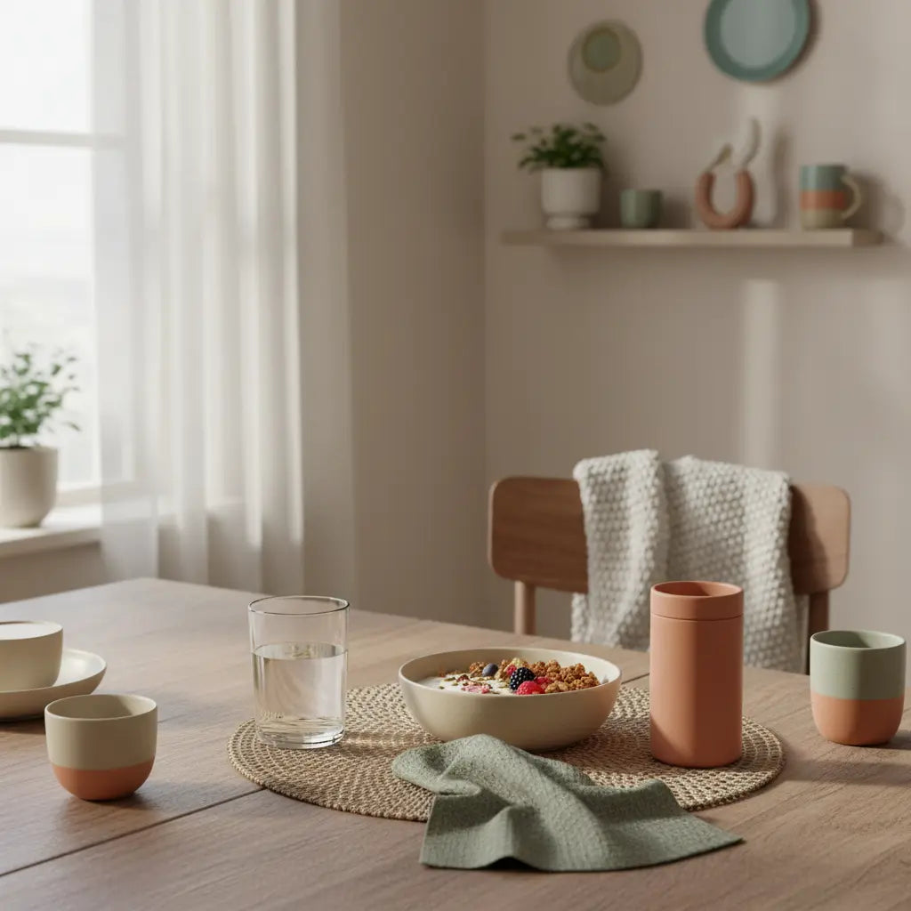 Minimalistisches Frühstück mit Granola, pflanzlichem Joghurt, Nüssen und neutralem Shake auf einem nachhaltigen Tisch in heller europäischer Küche – Omega-3 Nebenwirkungen