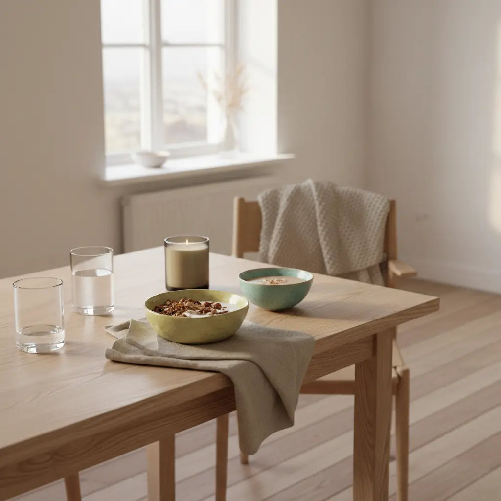 Veganer Frühstückstisch mit Granola, pflanzlichem Joghurt, Nüssen und Shake in einer minimalistischen europäischen Küche mit Woll- und Leinen-Details, Szene zur omega-3 wirkung.