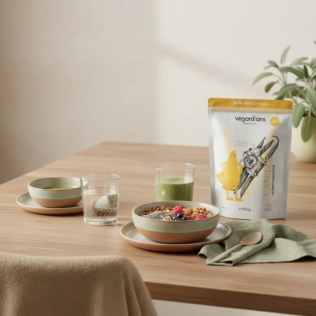 Veganes Frühstück in europäischer Küche mit Müsli, Smoothie und Wasserglas in sanftem Morgenlicht – minimalistisch, erdig, Szene zum Thema omega-3 zum abnehmen