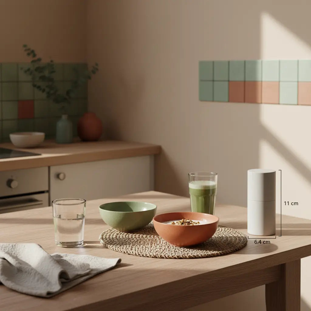 Minimalistisches veganes Frühstück mit Granola, pflanzlichem Joghurt, Nüssen und Shake in erdigen Tönen, nachhaltiger Tisch, Parmesan Clean Eating