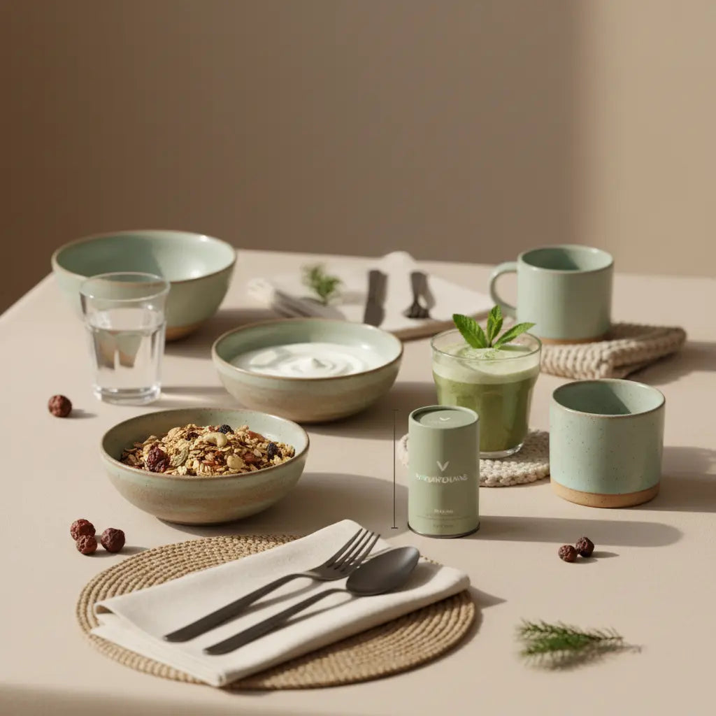 Minimalistisches Frühstück mit Granola, pflanzlichem Joghurt, Nüssen und Shake in Keramikschalen auf einem nachhaltigen Tisch in ruhiger europäischer Küche, pflanzenbasierte Ernährung.