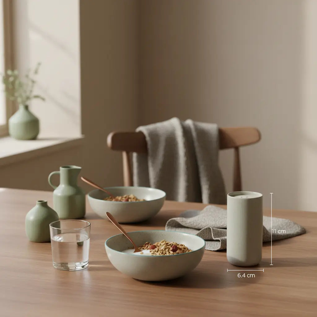 Europäische Küche im Morgenlicht: nachhaltig gedeckter Tisch mit Granola, Pflanzenjoghurt, Nüssen und Shake, ruhige, nährende Szene für pflanzenbasierte Ernährung