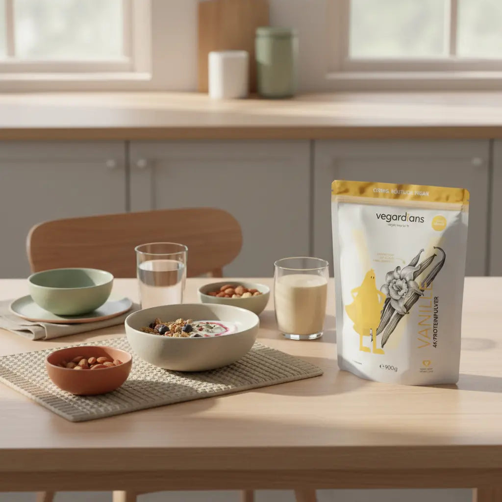 Minimalistisches Frühstück mit Müsli, pflanzlicher Joghurtalternative, Nüssen und Shake in einer europäischen Küche – Szene zur pflanzenbasierten Ernährung.