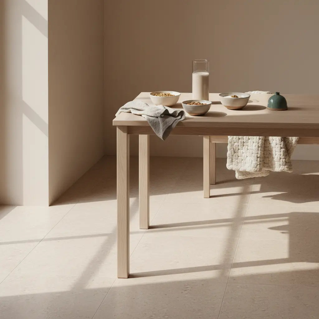 Minimalistisches Frühstück in europäischer Küche mit Granola, pflanzlichem Joghurt, Nüssen und Shake auf Holz­tisch; ruhige Atmosphäre und Fokus auf pflanzenbasierte Ernährung