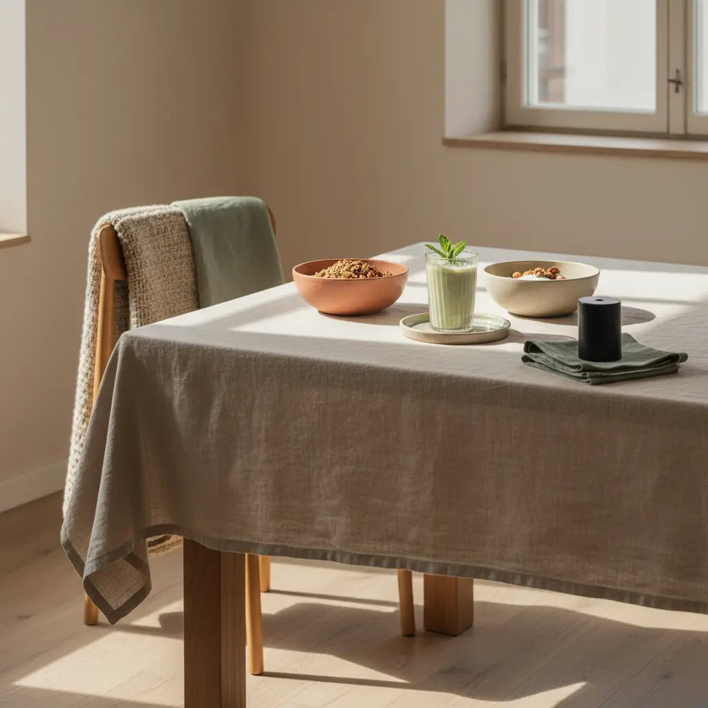 Minimalistisches Frühstück mit pflanzenbasierten Lebensmitteln: Granola, pflanzlicher Joghurt, Nüsse und Shake in einer hellen, nachhaltigen europäischen Küchenszene.
