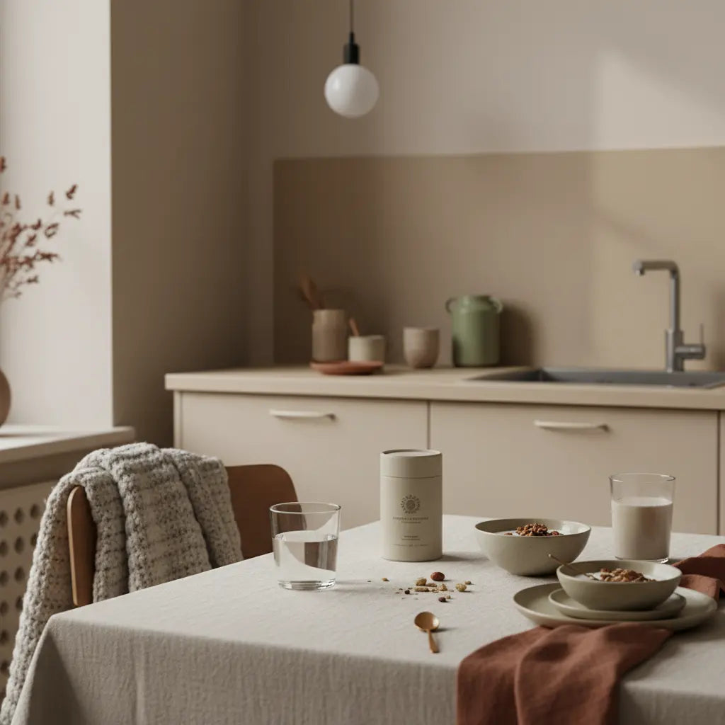 Aufgeräumter Frühstückstisch in europäischer Küche mit Granola, pflanzlichem Joghurt, Nüssen und Shake – Symbol für pflanzenbasierte Vollwerternährung