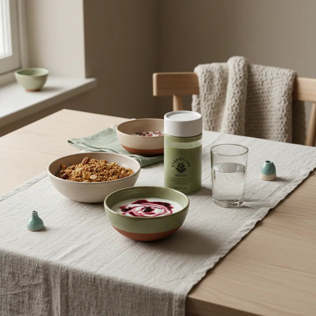 Schlichtes Frühstück mit pflanzenbasierte Vollwertkost: Granola, pflanzlicher Joghurt, Nüsse und Shake in Keramikschalen auf nachhaltigem Tisch im weichen Morgenlicht.