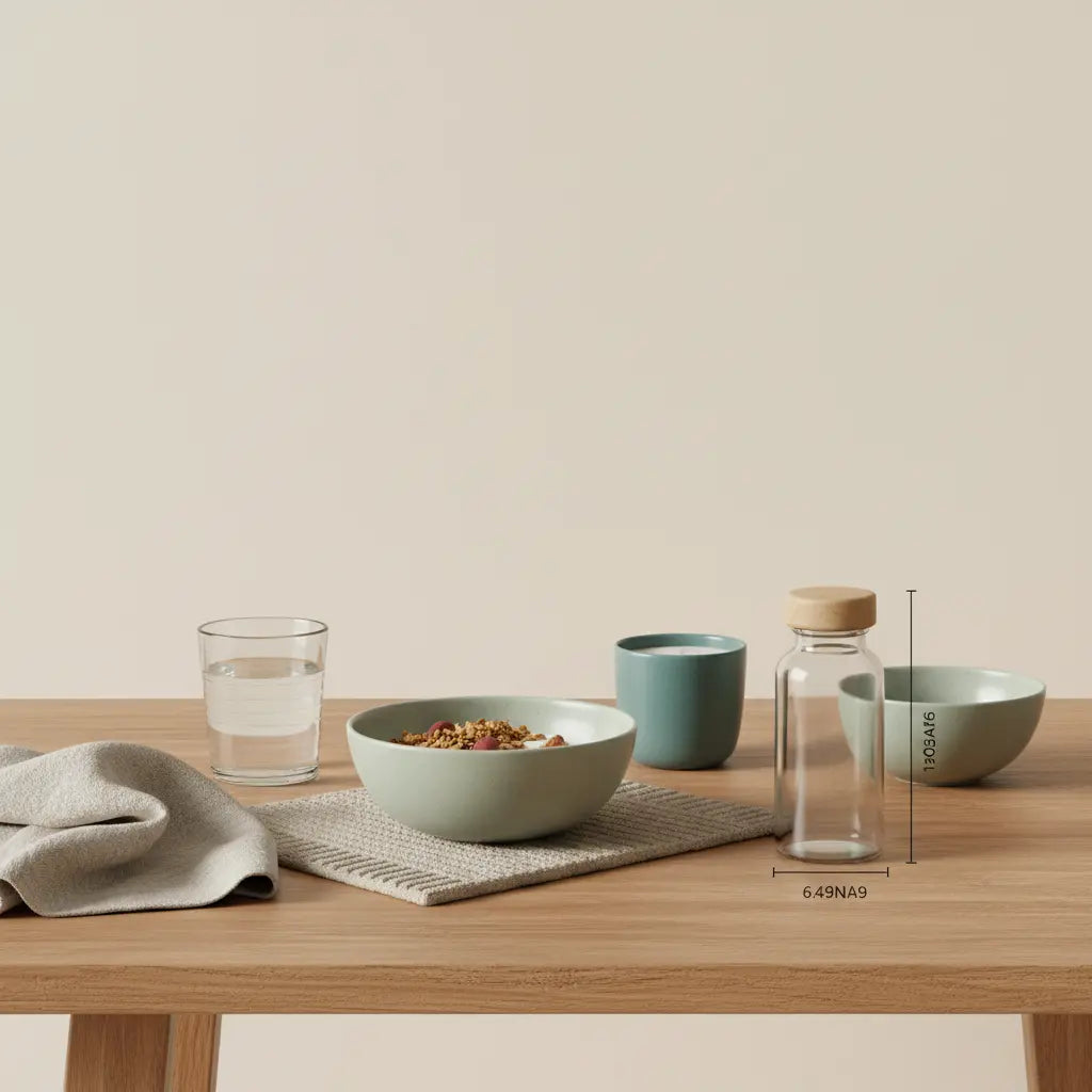 pflanzlich vollwertig Frühstück in minimalistischer Morgenküche mit Granola, pflanzlichem Joghurt, Nüssen und Shake auf nachhaltigem Holztisch